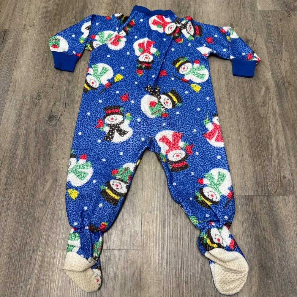 Vintage 90s Okie Dokie Kids Blue Fleece Snowman Footed Sleeper Pajamas 3T Xmas